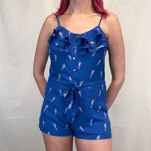 L’Amour Nanette Lepore Seahorse Romper Blue White Ruffle Waist S